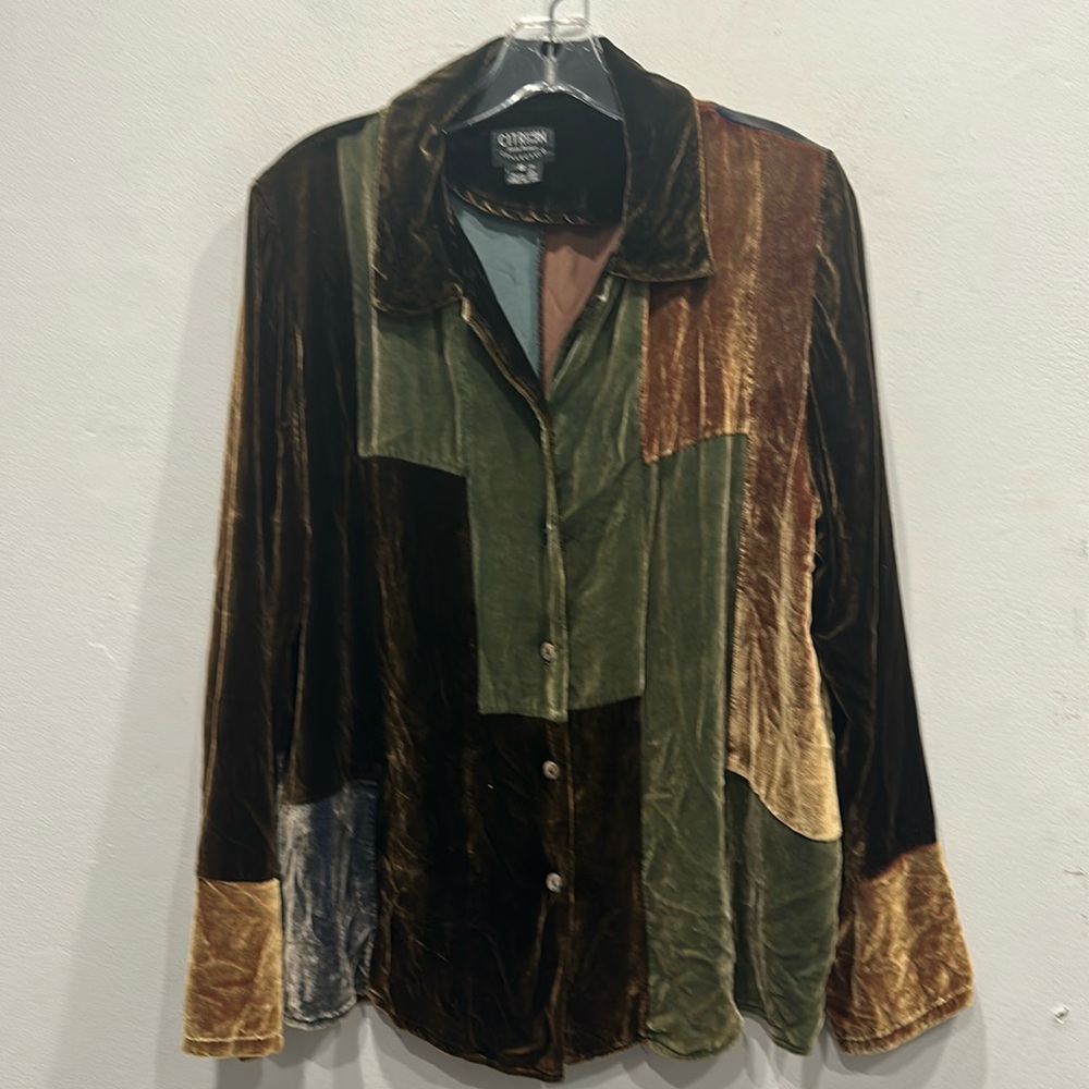 Citron Velvet Patchwork Button-Up Blouse in Olive, Brown & Gold